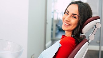 Closeup of patient smiling in treatment chair
